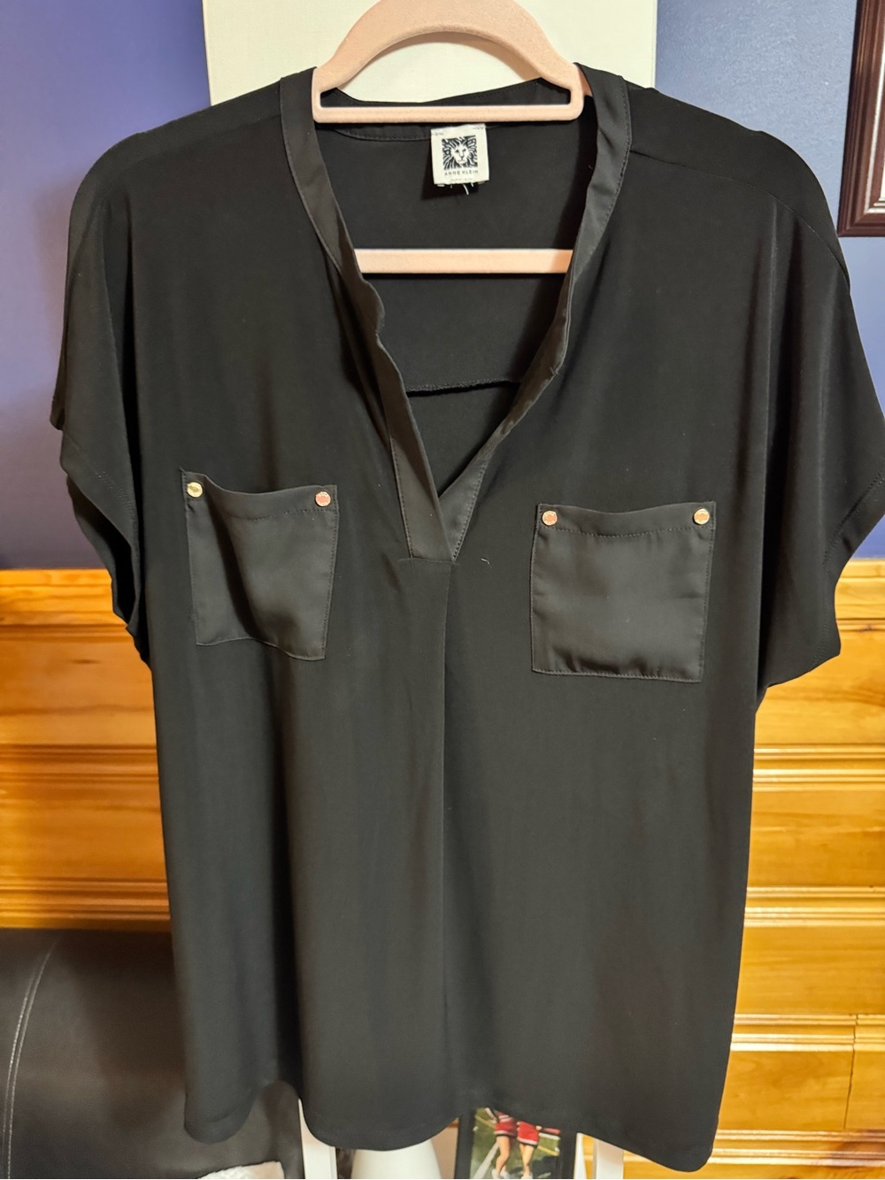 Anne Klein Black Blouse with Pale Pink Trim